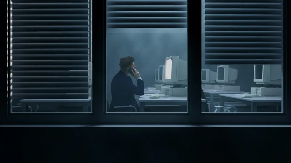 Homem fala ao telefone numa mesa de escritório à noite, em tons azulados